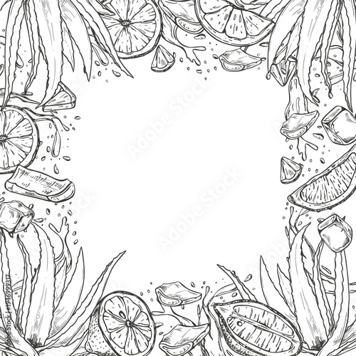 Lime and aloe vera, water splashes monochrome vector square border with copy space for text. Citrus fruit, aloe plant with juice drops frame for invitations, labels, drink product, cosmetic packaging