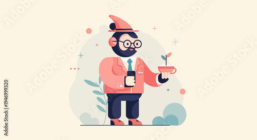 Stylized gnome-like figure in a suit holds a cup with a growing plant
