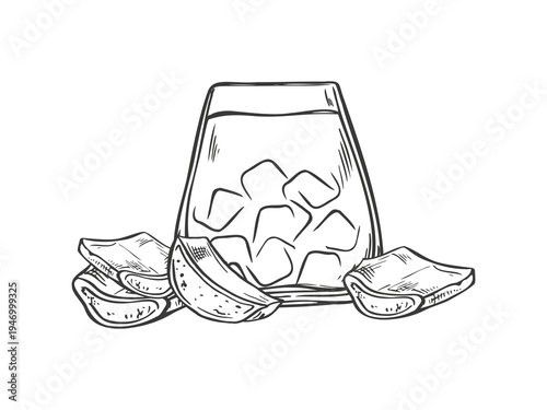 Fresh aloe vera slices and fruit beverage with ice cubes in glass vector black ink sketch. Monochrome healthy plant, detox drink illustration for natural juices, drinks, organic product labels