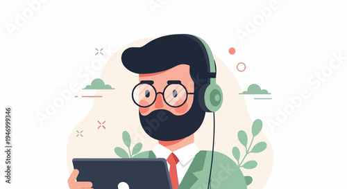 Bearded man with glasses wearing headphones, holding a tablet
