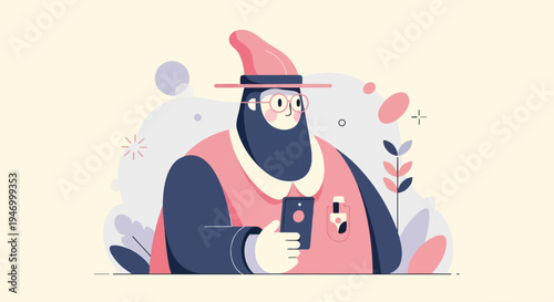 Stylized character with a beard, glasses, and pink hat holding a phone