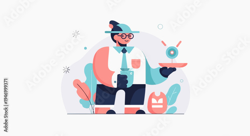 Stylized character with hat holds cup, offers tech on a tray