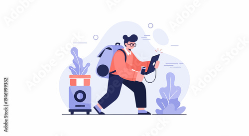 A person with glasses and backpack uses a laptop and phone