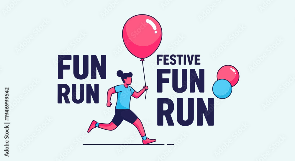 Obraz premium Joyful Festive Fun Run Event Illustration Featuring a Person with Balloons and Dynamic Typography