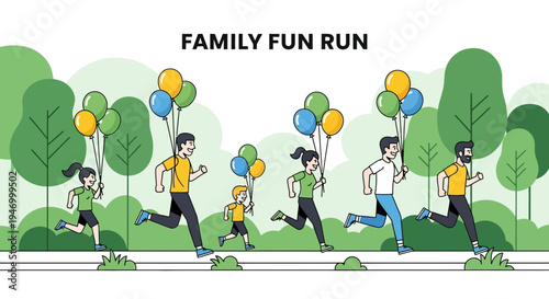 Joyful Family Running Together with Balloons in Green Park Celebration Event