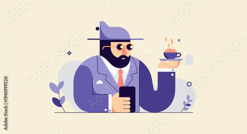 Stylized man in suit, hat, holding phone and coffee cup