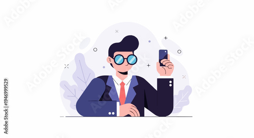 A person in a suit and glasses holds a smartphone, taking a picture