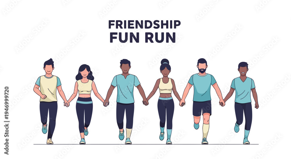 Obraz premium Joyful Group Of Friends Holding Hands Together While Running In A Marathon Event