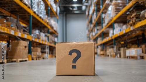 Cardboard box with question mark in warehouse aisle. Lost or missing package concept, logistics confusion, misplaced parcel in storage, delivery problem and supply chain uncertainty