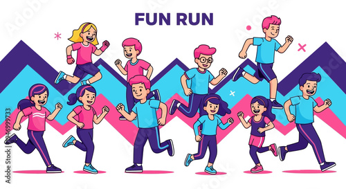 Joyful Marathon Participants Running Together in a Vibrant and Energetic Cartoon Style