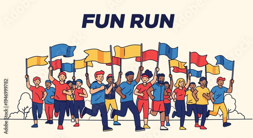 Joyful Group Of People Participating In A Fun Run Carrying Colorful Flags Displaying Cheerfulness
