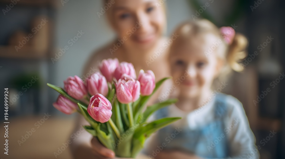 Fototapeta premium Fresh Pink Tulips with Blurred Mother and Daughter in the Background. Mothers Day or Spring Celebration Concept.