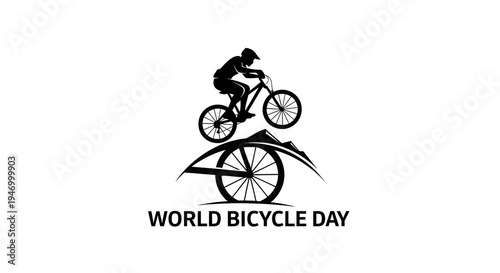 Dynamic depiction of world bicycle day with a stylized mountain bike and rider