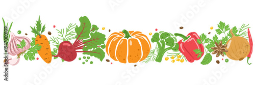 A horizontal background with hand-drawn vegetables in a frame for preparing delicious culinary dishes in the kitchen. Suitable for advertising design, posters, and kitchen aprons. Vector illustration.