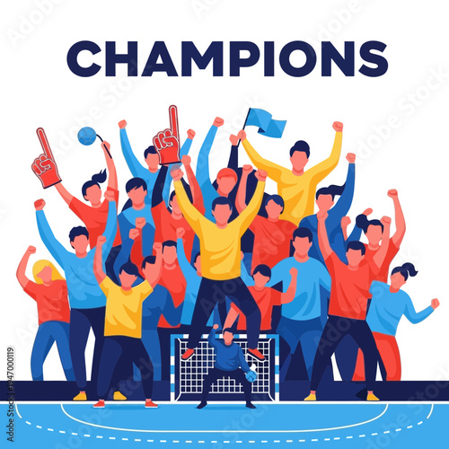 Joyful Sports Team Celebrating Victory After Winning Championship, Raised Arms, Cheers and Happiness