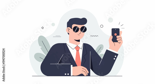 Stylish man in suit and sunglasses holds phone, taking photo