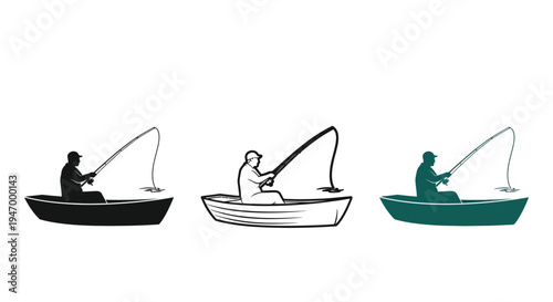 Three fishermen in boats shown in contrasting color schemes silhouette