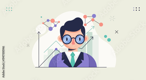 Stylized analyst with graph and molecular structures in background