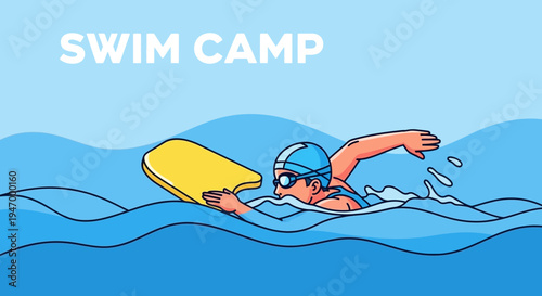 Joyful Swimmer Practicing With Kickboard At Summer Swim Camp