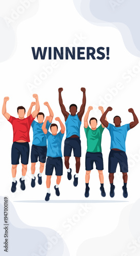 Joyful Team Celebrates Victory With Raised Arms In A Moment Of Collective Triumph and Success