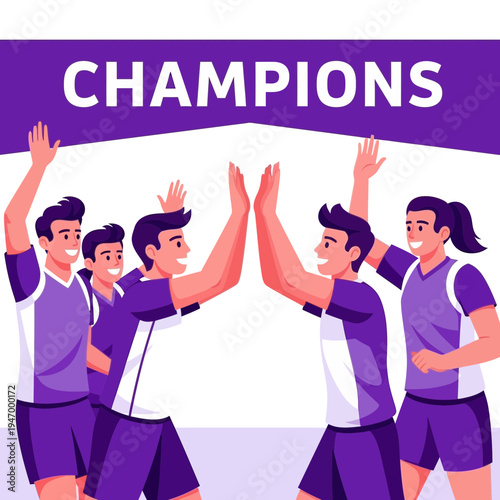 Joyful Team Celebrates Victory, High Fiving, Exuberant Expression, Winning Moment, Purple Theme