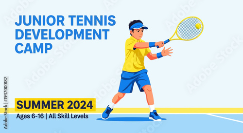 Junior Tennis Camp Advertising, Sport Illustration for Youth and Summer Programs