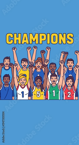 Joyful Team Celebrates Victory with Raised Arms and Energetic Champion Spirit