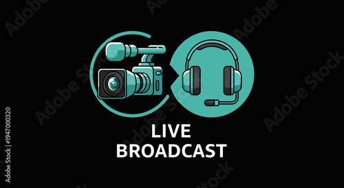 Live Broadcast Camera and Headphones Icon for Streaming