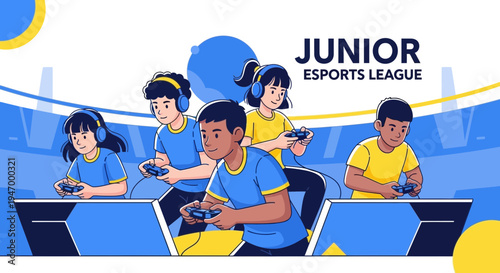 Junior Esports League: A Group Of Young Gamers Playing In A Competition Setting