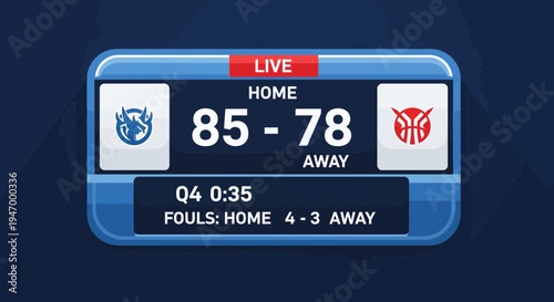 Live Basketball Match Scoreboard Depicting Home and Away Scores During a Fourth Quarter Game