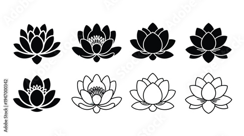 Lotus Flower Icons – Black and Outline Vector Set