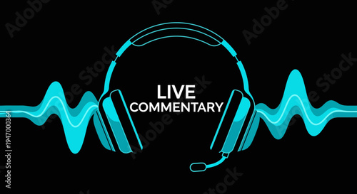Live Commentary Logo Featuring Headphones and Sound Wave on a Black Background Design