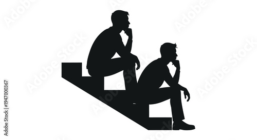 Two men sit on stairs in thoughtful poses a striking silhouette