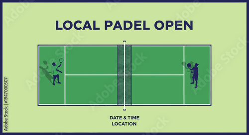 Local Padel Open Event Announcement with Players Silhouettes and Court Illustration