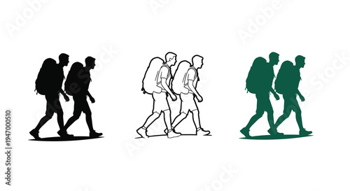 Four hikers walking in a row depicted as a stark silhouette