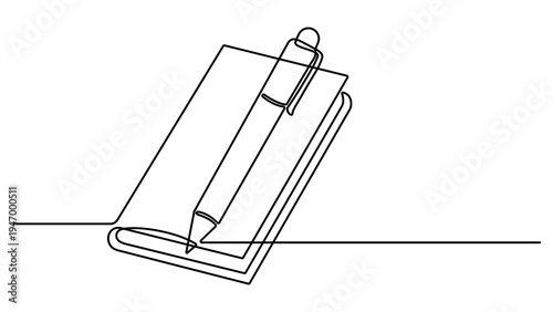 Continuous one line drawing of notebook with a pen on it. Notebook with a pencil. Writing business draft on office notes concept. vector illustration