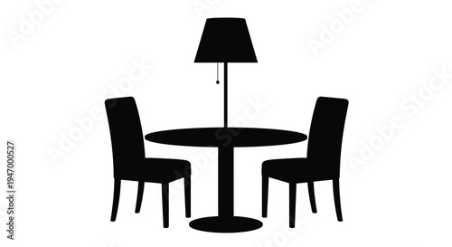 Simple dining scene with table chairs and lamp a black silhouette