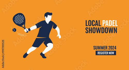 Local Padel Showdown Announcement with Player Illustration and Orange Background