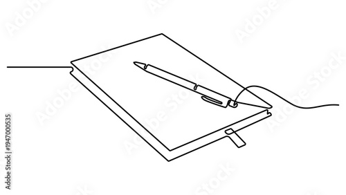 Continuous one line drawing of notebook with a pen on it. Notebook with a pencil. Writing business draft on office notes concept. vector illustration