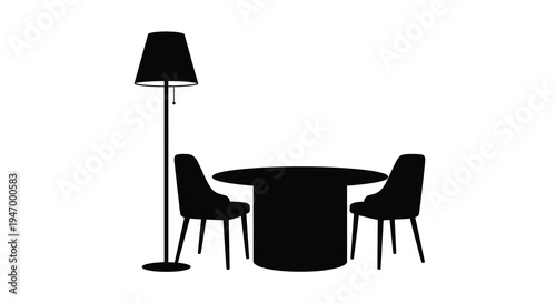 Minimalist dining room setup with a floor lamp and chairs silhouette