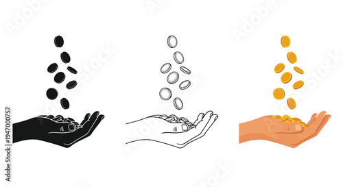Hands receiving falling coins displayed in three color variations silhouette