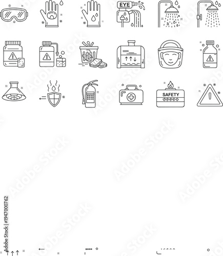 Laboratory safety line icons set with goggles gloves eyewash shower chemical bottle first aid kit and hazard warning symbols
