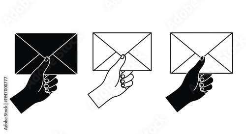 Three hands holding envelopes in varying styles a graphic silhouette