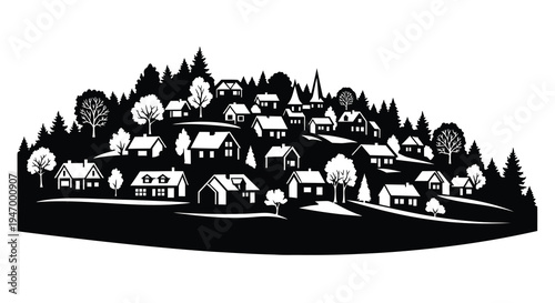 Charming village landscape with houses and trees a stark silhouette