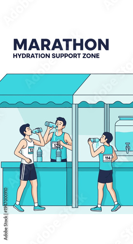 Marathon Hydration Support Zone For Runners Quenching Thirst During Endurance Event