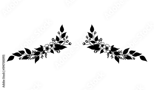 Decorative floral leaf ornament pair with small flowers botanical design vector illustration