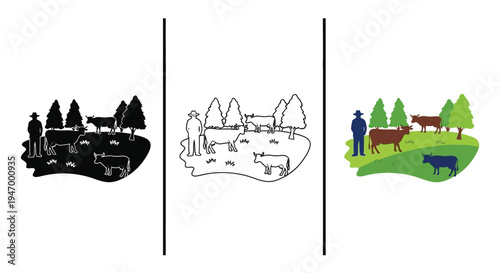 Farm scene variations black white and color featuring a silhouette