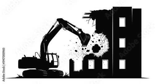 Excavator demolishes a building creating debris and dust silhouette