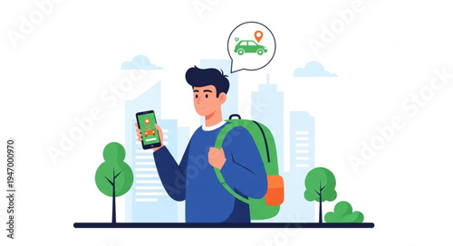 Man with backpack and smartphone.