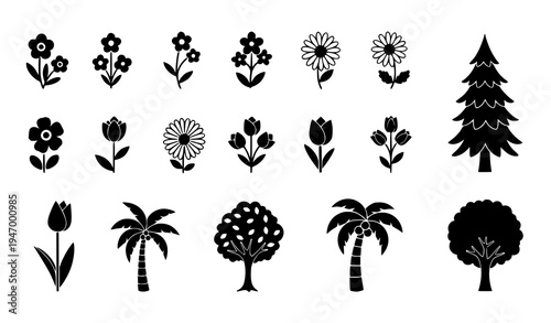 Cute cartoon flower and tree silhouette icon pack with garden blossoms and forest plants vector set